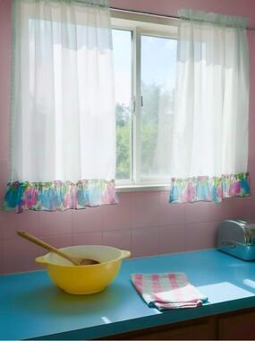 Vintage 60’s Sheer Rod Pocket Tiers with vibrant Floral Ruffle Trim